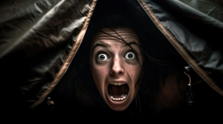Woman screaming in a tent